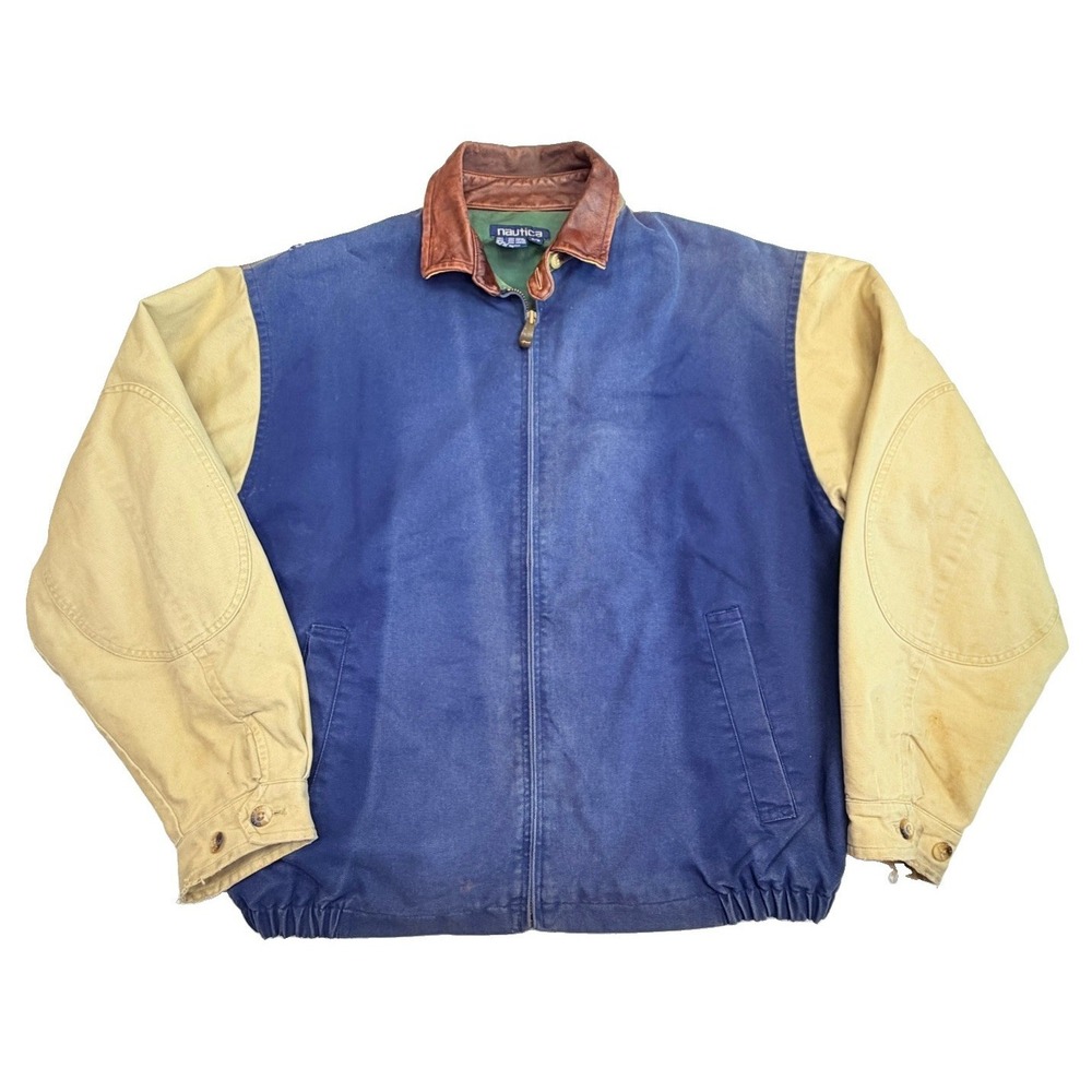 Vintage Nautica Canvas Bomber Jacket Leather Collar Plaid Lined Men's L